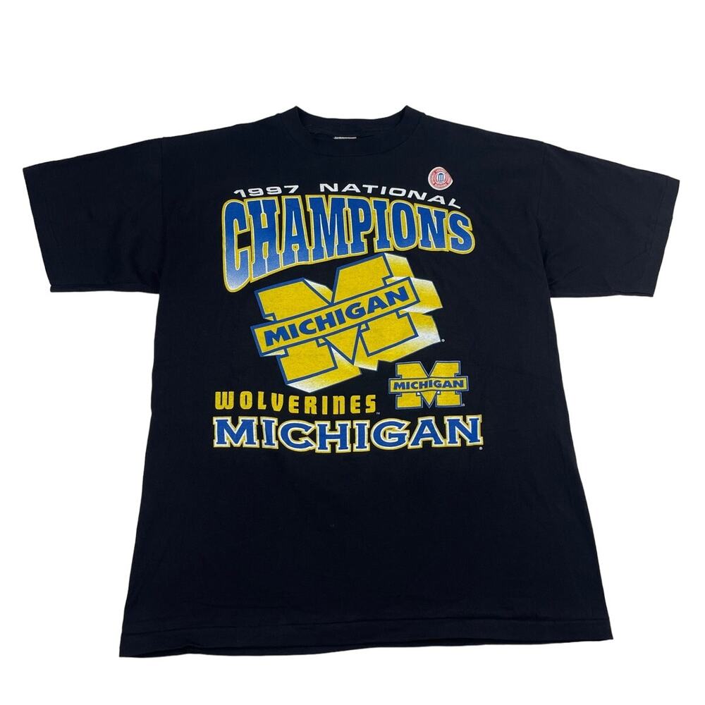 Vintage Michigan University Wolverines Champions 90s Black Big Logo Shirt XL NEW